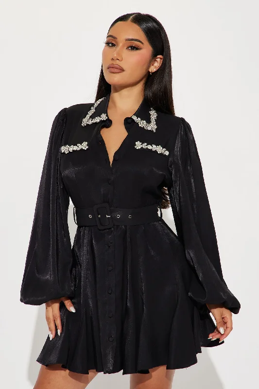 Leah Embellished Mini Shirt Dress - Black