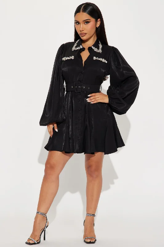 Leah Embellished Mini Shirt Dress - Black