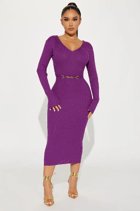 Rocking Baddie V- Neckline Midi Dress - Purple