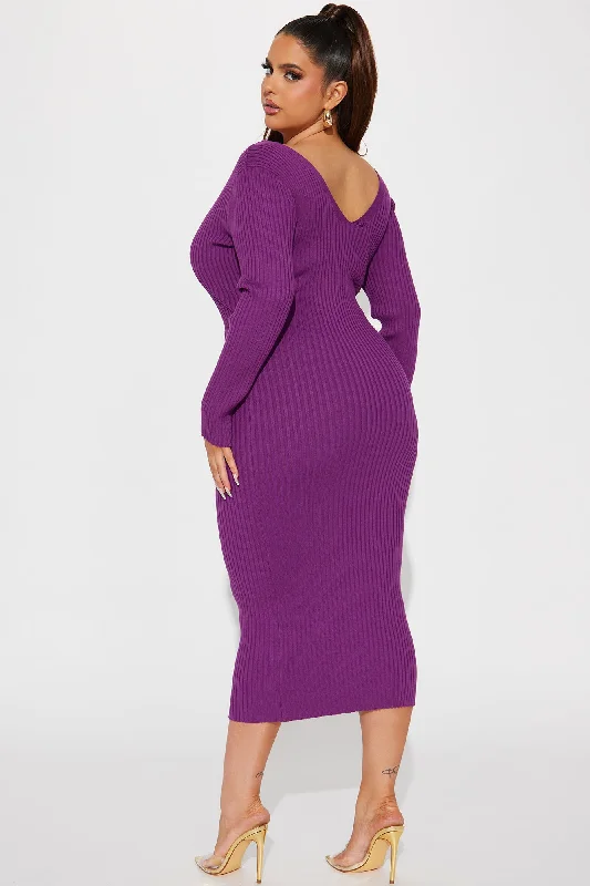 Rocking Baddie V- Neckline Midi Dress - Purple