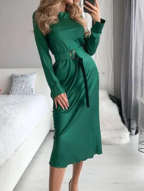 Dresses Solid Belted Crew Neck Long Sleeve Dress for Women