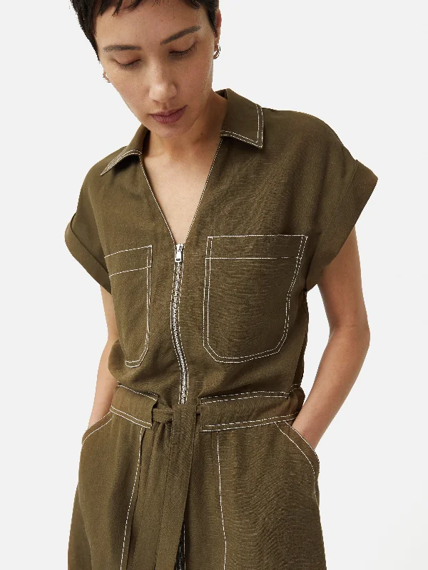 Linen Lyocell Stitched Dress | Dark Khaki