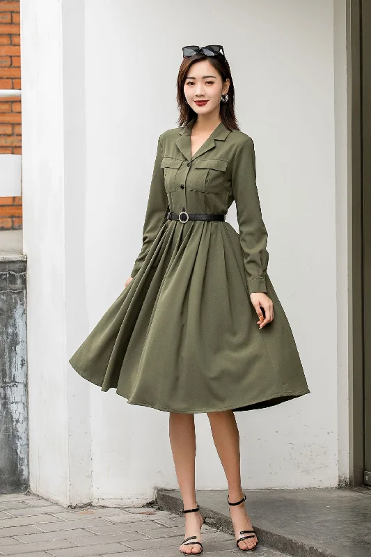 Long sleeves green shirt dress women 2846