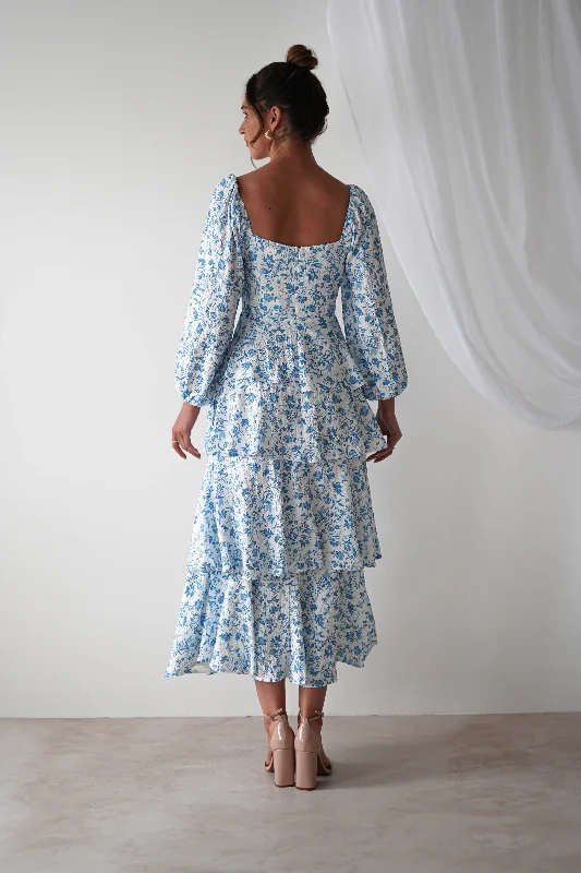 Amelie Floral Print Maxi Dress | Blue/White