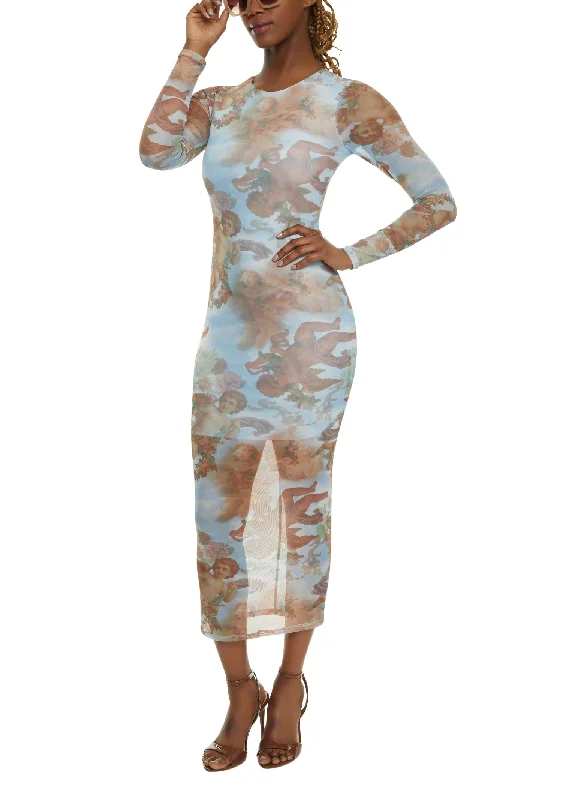 Mesh Printed Long Sleeve Maxi Dress