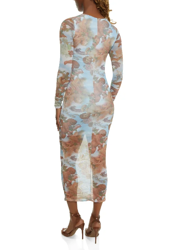 Mesh Printed Long Sleeve Maxi Dress