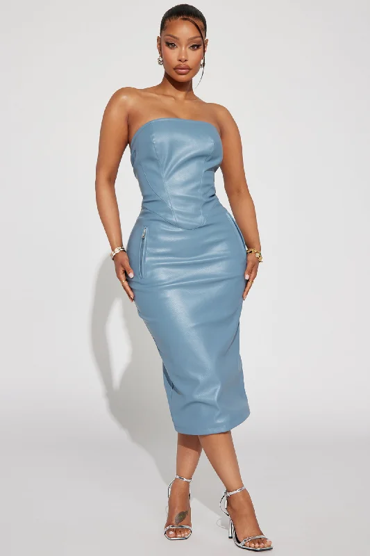 Harley Strapless Faux Leather Midi Dress - Dusty Blue