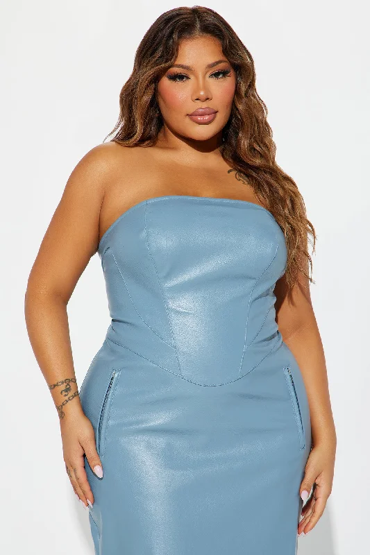 Harley Strapless Faux Leather Midi Dress - Dusty Blue