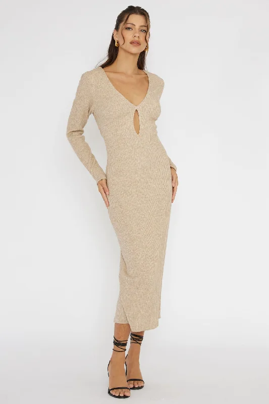 So Emotional Long Sleeve Cut-Out Knit Dress Oat