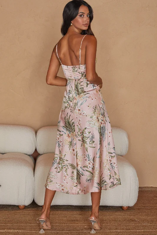 Suki Front Split Midi Dress Tropical Floral Print Pink