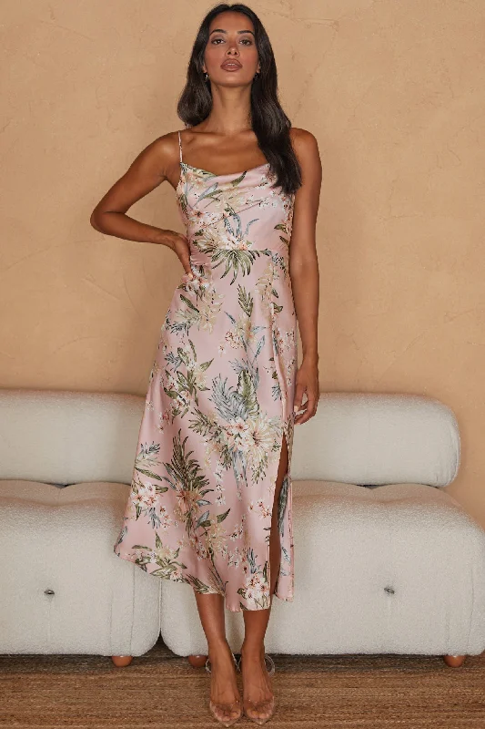 Suki Front Split Midi Dress Tropical Floral Print Pink