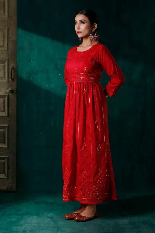 Juniper Red Muslin Embroidered Maxi Dress With Dori Tie Up & Tassels At Waist