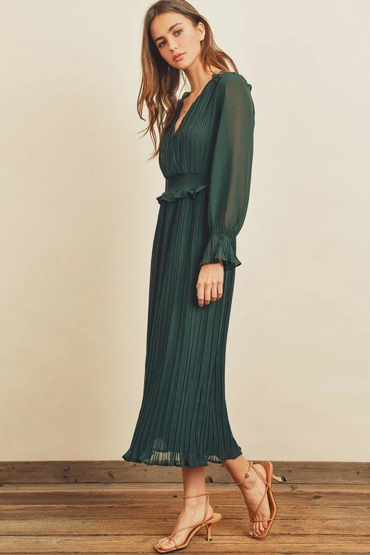 Esmae Pleated Midi Dress in Forest Green