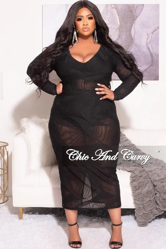 Final Sale Plus Size Sheer Midi Dress with Tie Back Slit in Black