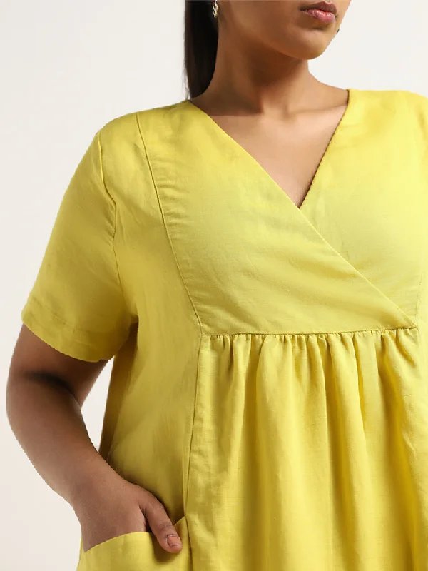 Gia Yellow Knee-Length Blended Linen A-Line Dress