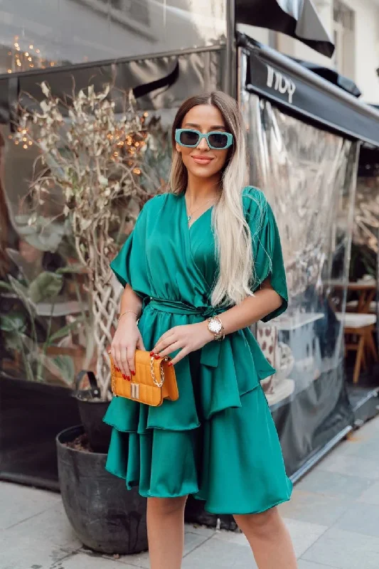 Green Satin Tiered Dress REF : 2MVSURJMWZ