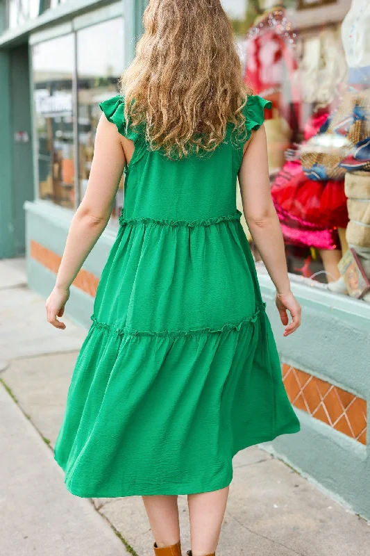 Kelly Green Smocked Flutter Sleeve Tiered Midi Dress