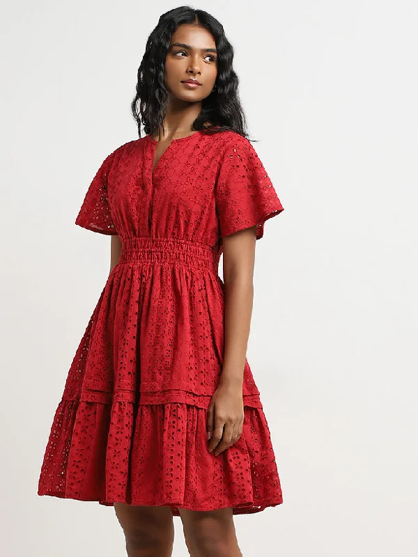 LOV Red Schiffli Design Cotton Tiered Dress