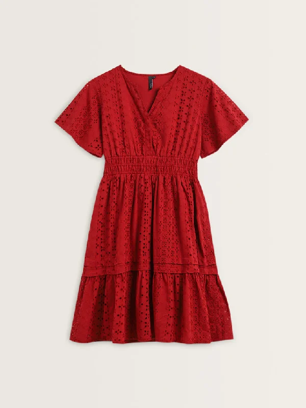 LOV Red Schiffli Design Cotton Tiered Dress