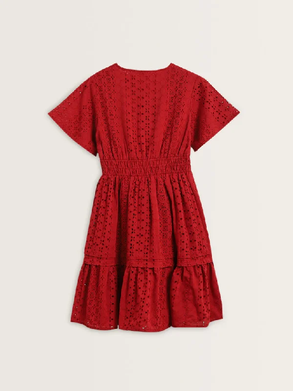 LOV Red Schiffli Design Cotton Tiered Dress