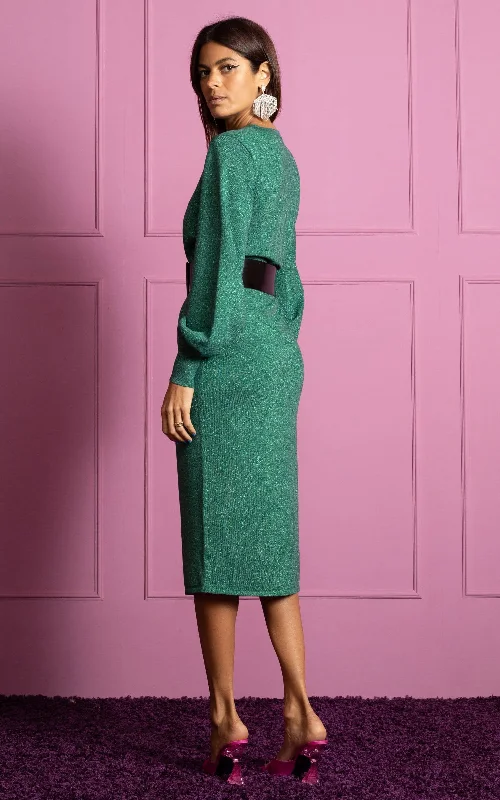 Memphis Metallic Knit Midi Dress in Green