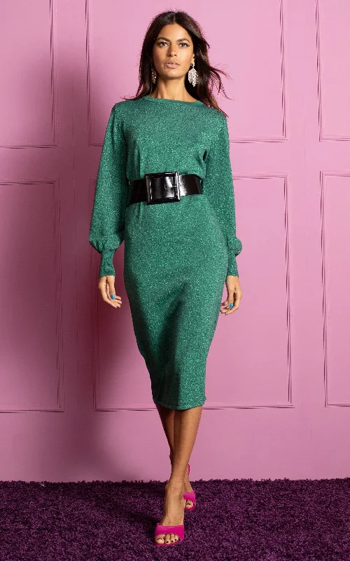 Memphis Metallic Knit Midi Dress in Green