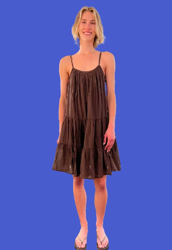 Pleated Tiered Cotton Slip Dress - Chocolate