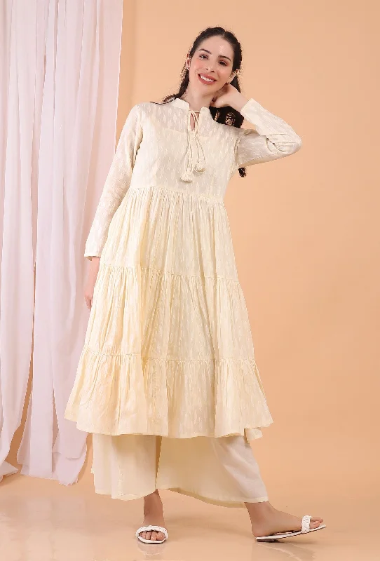 Set of 2: Cream Cotton Tiered Gathered Dress with Pants