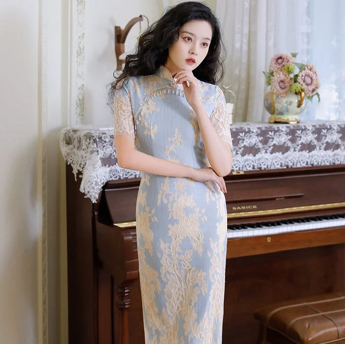 Short Sleeve Floral Lace Traditional Cheongsam Knee Length Chinese Dress