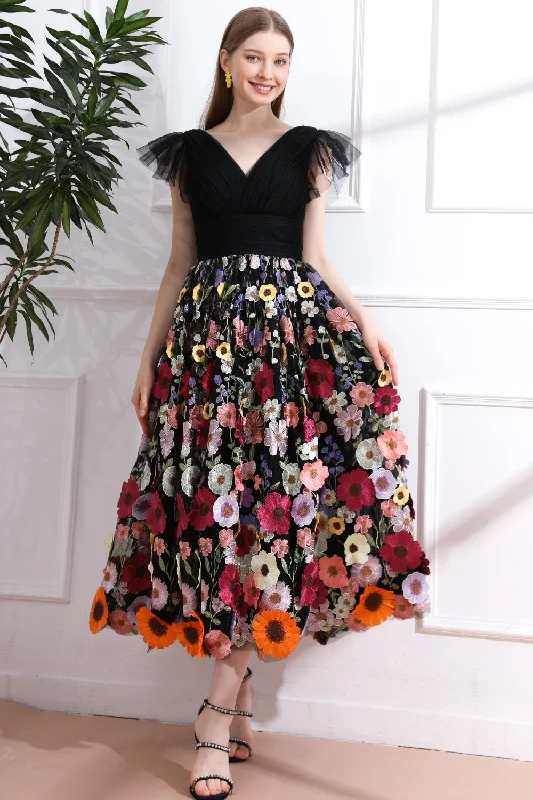 Straps V Neck Black Floral Embroidery Midi Dress