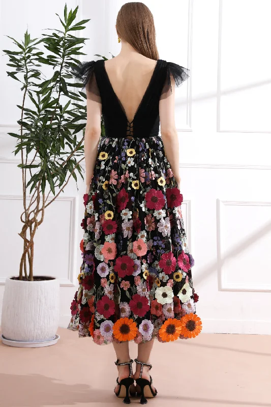 Straps V Neck Black Floral Embroidery Midi Dress