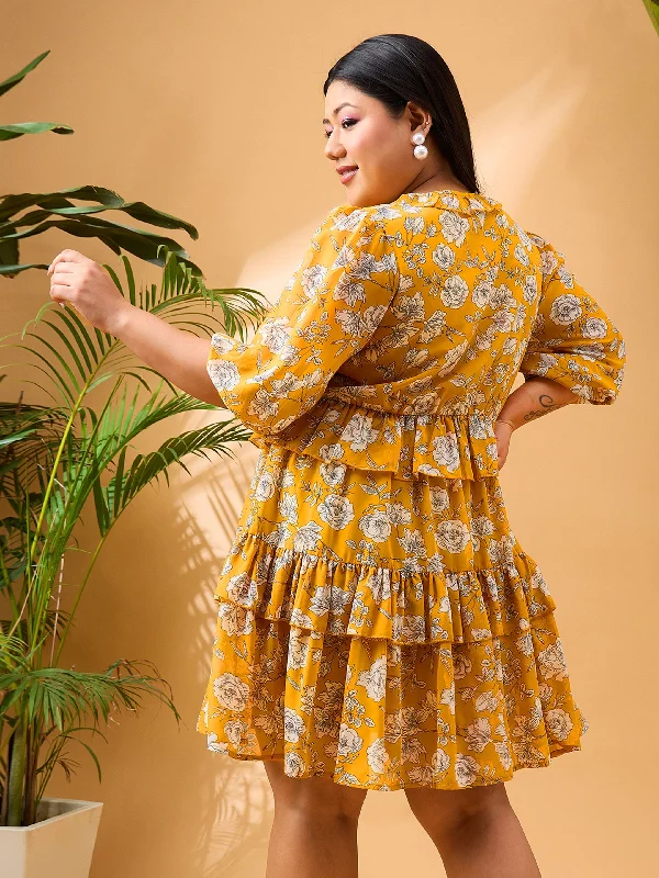 Women Yellow Floral Printed Frill Short Dress