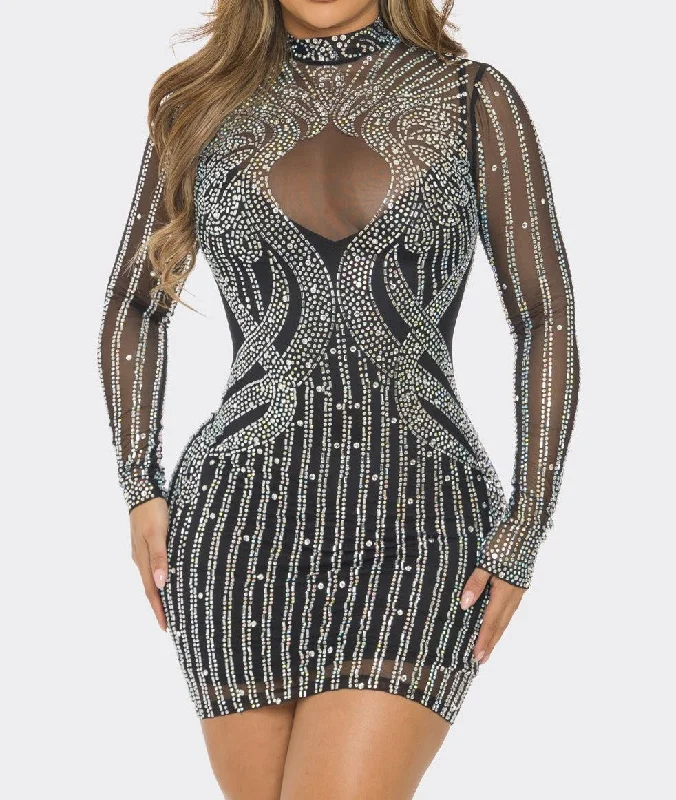 Women's Rhinestone Embellished Bodycon Mini Dress - BAJBDS62831