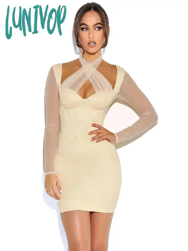 Lunivop Long Sleeve Bodycon Dress Sexy Birthday Evening Night Party Dresses Mesh Cross Mini Dresses Women Summer