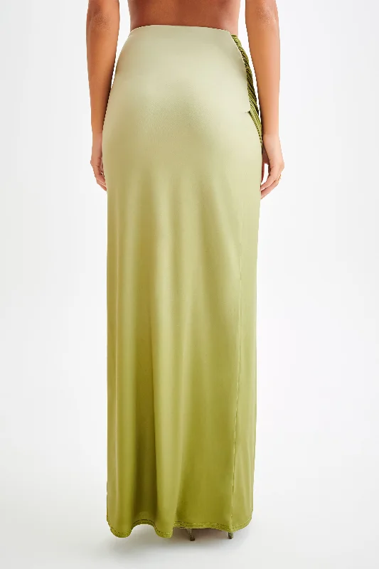 Bronwyn Slinky Ruched Maxi Skirt With Split - Ombre Vintage Olive