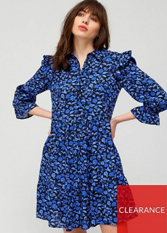 Button Through Shirt Dress Blue Floral UK 14 ****Ref V528