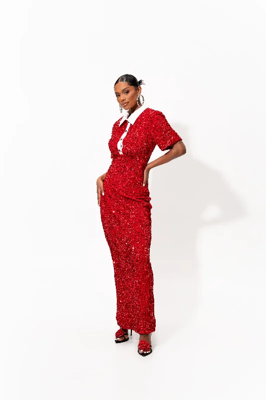 DAYA Sequin Maxi Dress in RUBY