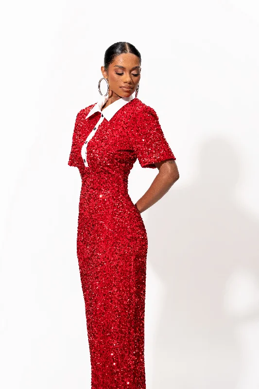 DAYA Sequin Maxi Dress in RUBY