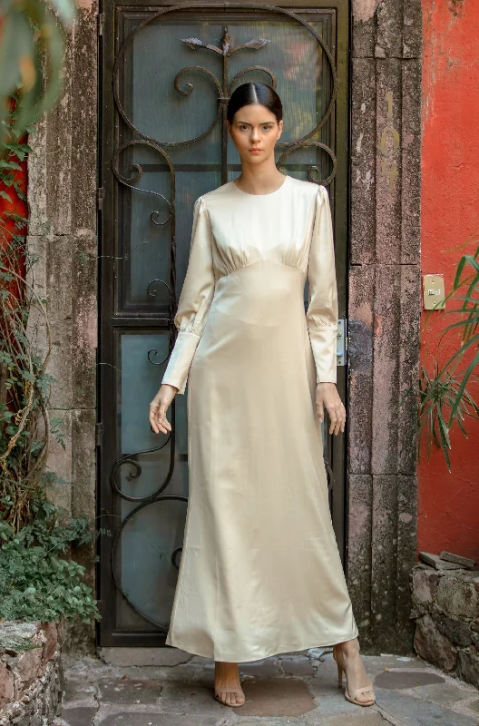 Cream Satin Long Sleeve Maxi Dress