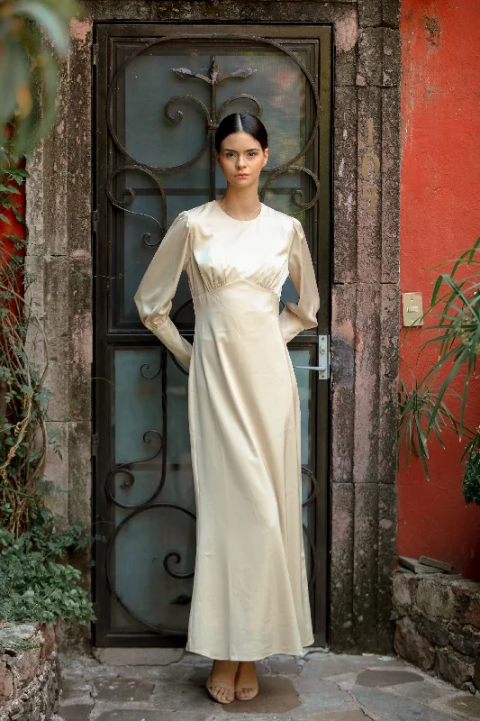 Cream Satin Long Sleeve Maxi Dress