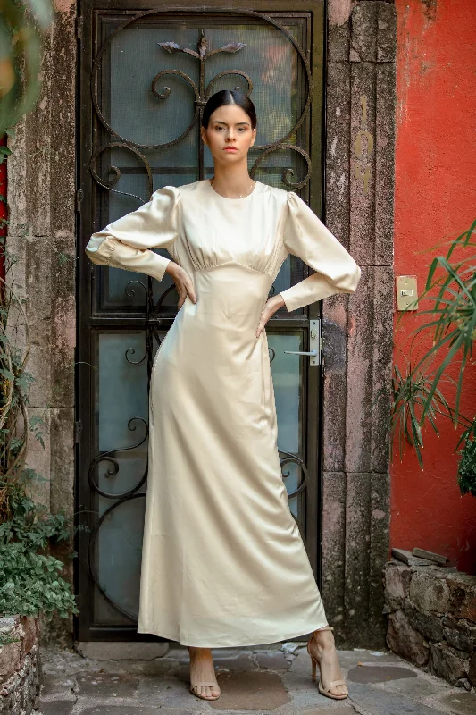 Cream Satin Long Sleeve Maxi Dress