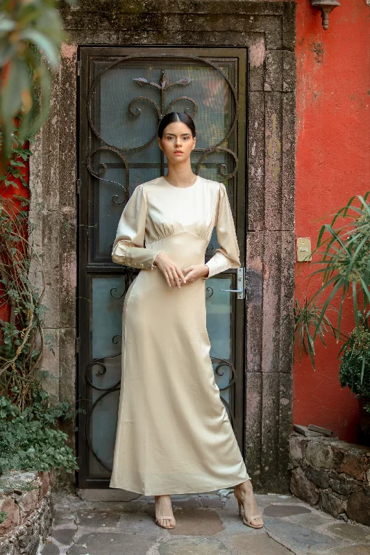 Cream Satin Long Sleeve Maxi Dress