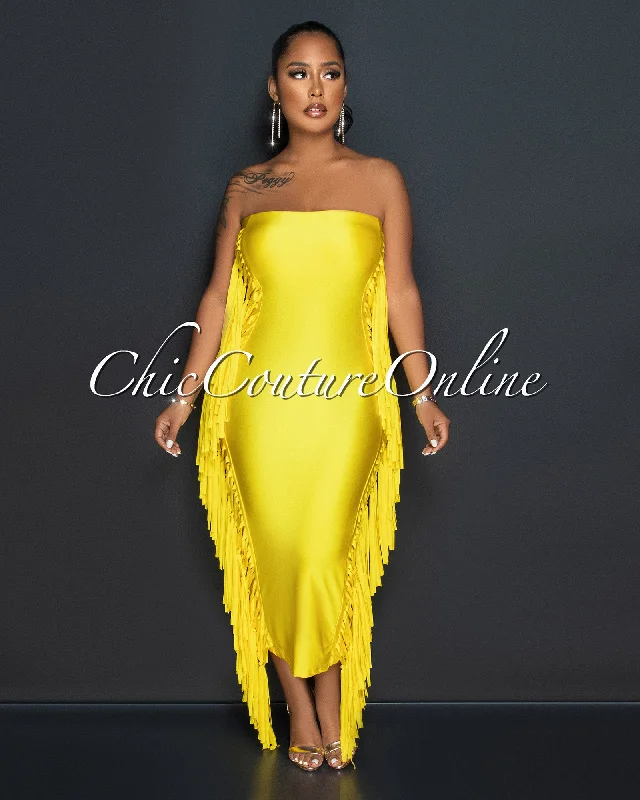 Natisha Yellow Tassels Sided Tube Maxi Dress