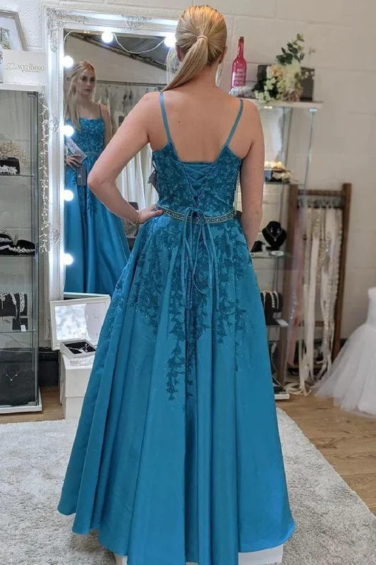 A Line Blue Lace Appliques Long Prom Dresses with Belt, Formal Evening Dresses OK1821