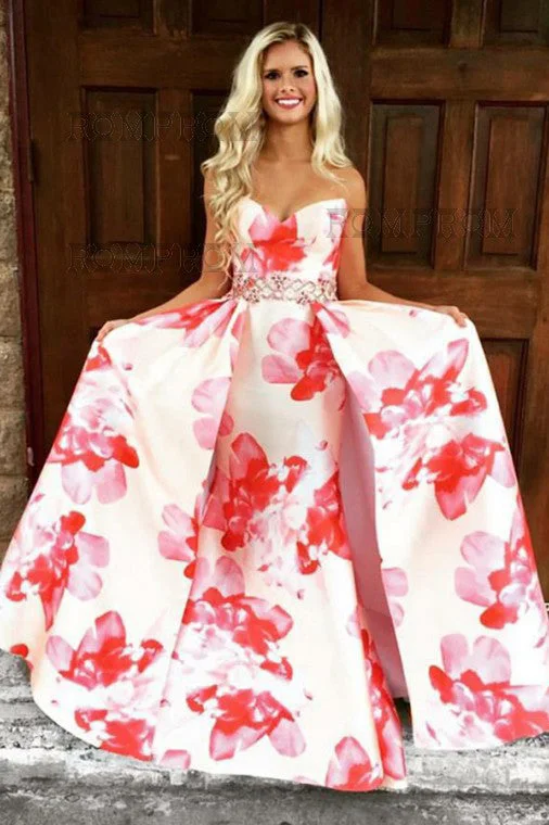 A-Line Sweetheart Floral Printed Pink Satin Prom Dresses with Beading OK818