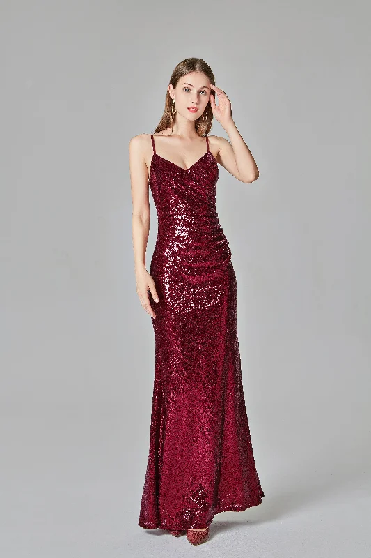 Burgundy Sequins Sheath Spaghetti Straps Prom Dress XU90811