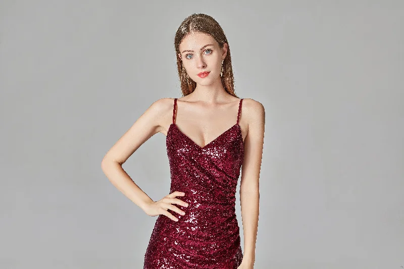 Burgundy Sequins Sheath Spaghetti Straps Prom Dress XU90811