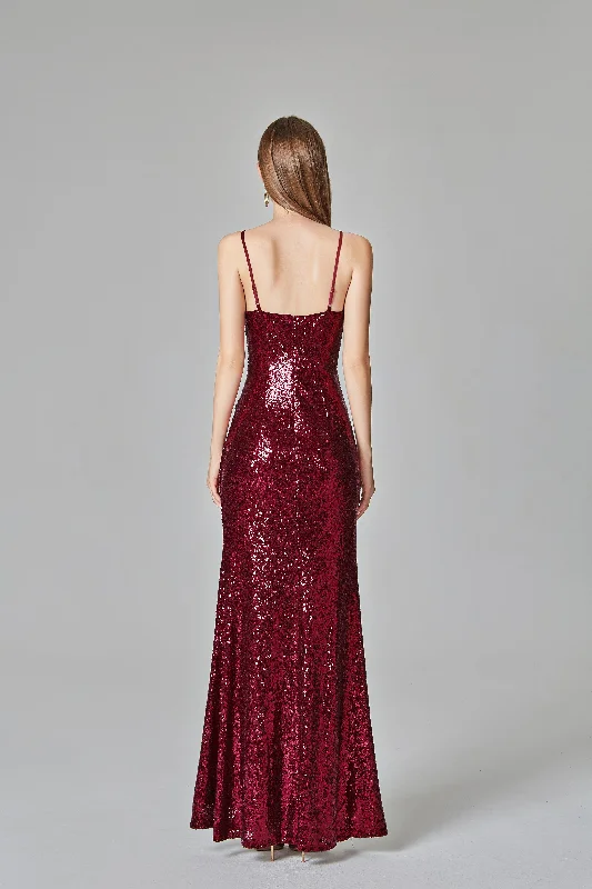 Burgundy Sequins Sheath Spaghetti Straps Prom Dress XU90811