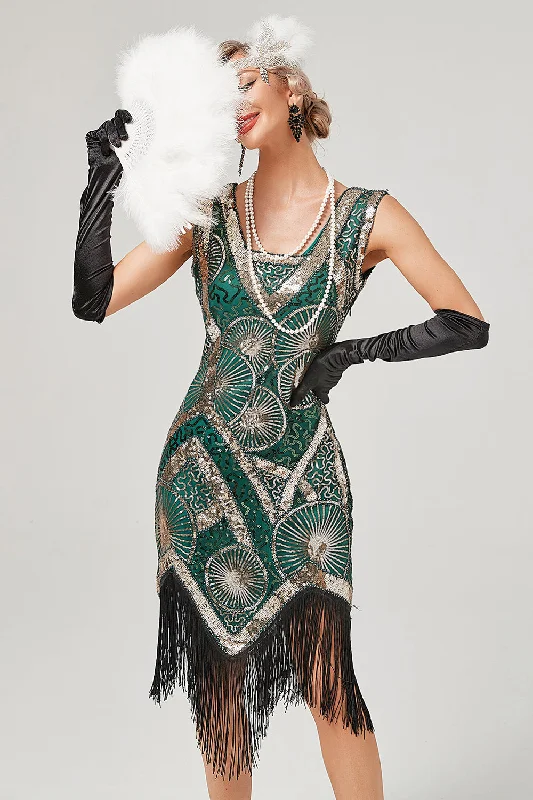 Dark Green 1920s Flapper Dress With Fringes