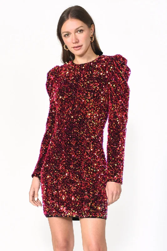 Adelyn Rae Gale Velvet Sequins Puff Sleeve Mini Dress in Raspberry Punch